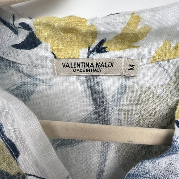 Valentina Naldi Italy Linen Top Sz M Floral Blue 1/2 Bell Sleeve Ruffle Artsy - Picture 3 of 13